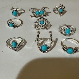 Sterling-Style Turquoise Stone Silver Ring Set - Women Jewelry